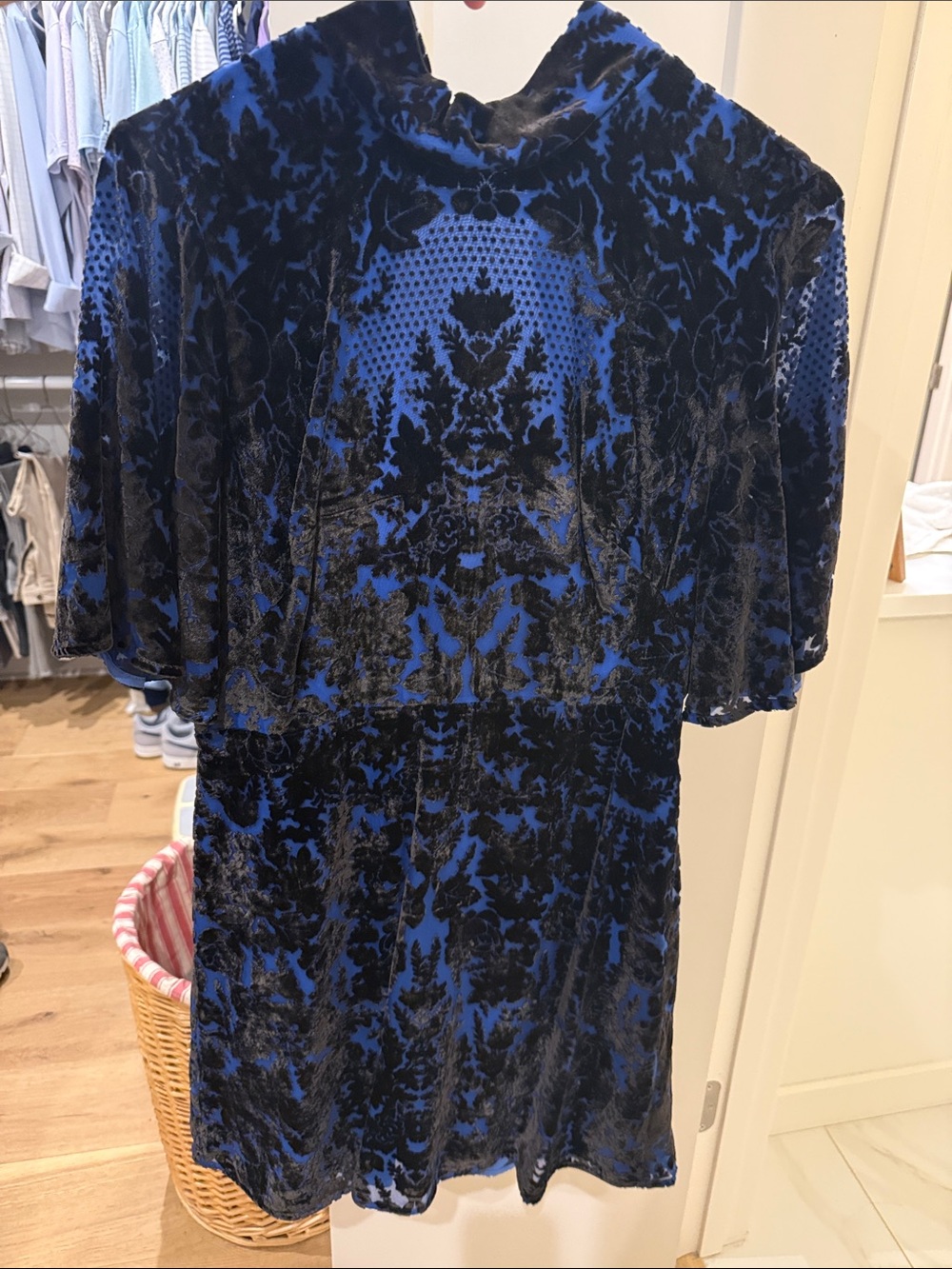 Anthropologie Blue and Black Velvet Burnout Short Dress